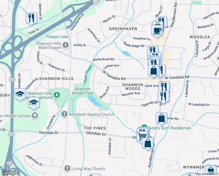 map of restaurants, bars, coffee shops, grocery stores, and more near 3001 Boyle Avenue in Greensboro
