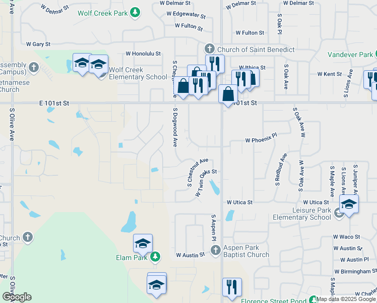 map of restaurants, bars, coffee shops, grocery stores, and more near 2409 West Roanoke Street in Broken Arrow