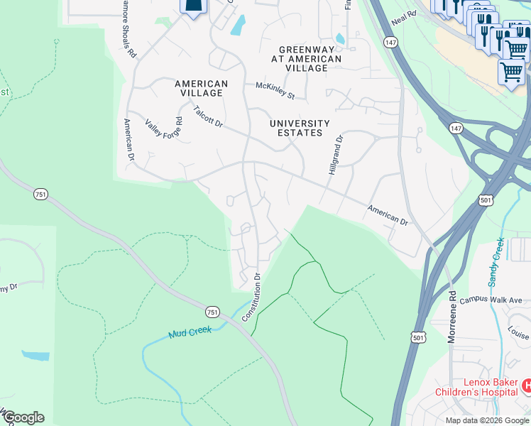 map of restaurants, bars, coffee shops, grocery stores, and more near 1207 White Pine Drive in Durham
