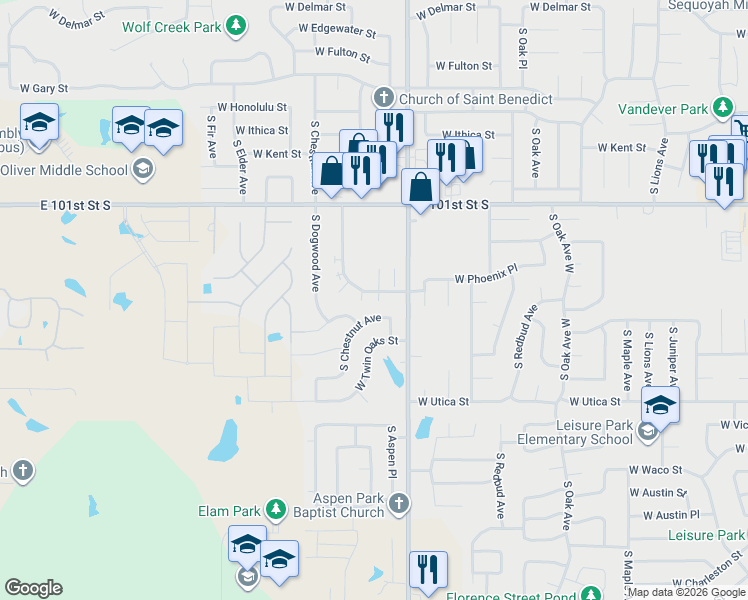 map of restaurants, bars, coffee shops, grocery stores, and more near 4013 South Chestnut Avenue in Broken Arrow