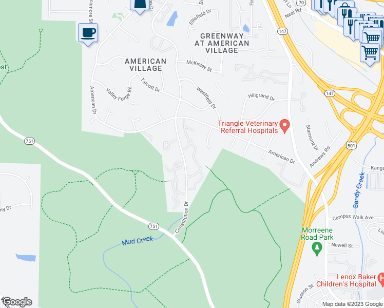 map of restaurants, bars, coffee shops, grocery stores, and more near 800 White Pine Drive in Durham