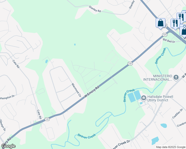 map of restaurants, bars, coffee shops, grocery stores, and more near 4157-4799 West Emory Road in Powell