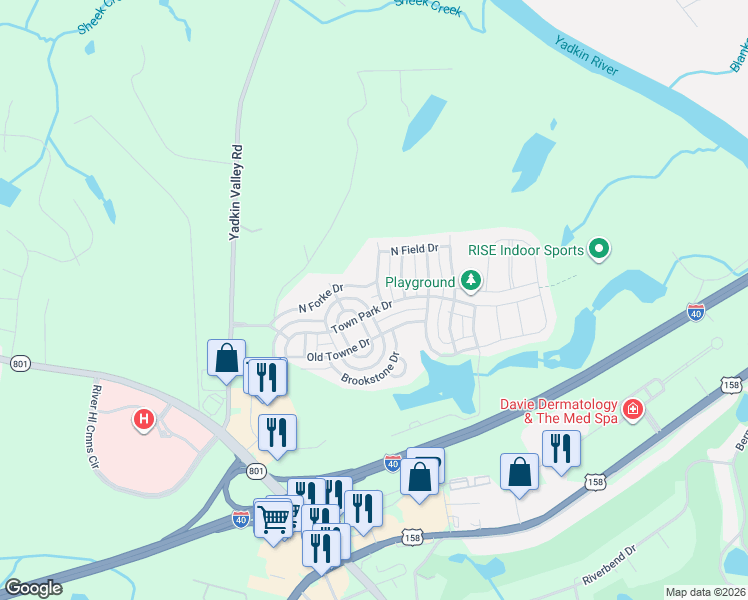 map of restaurants, bars, coffee shops, grocery stores, and more near 214 Town Park Drive in Bermuda Run