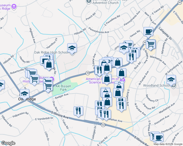 map of restaurants, bars, coffee shops, grocery stores, and more near 146 South Tulane Avenue in Oak Ridge