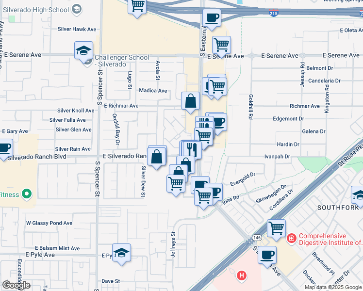 map of restaurants, bars, coffee shops, grocery stores, and more near 2300 East Silverado Ranch Boulevard in Las Vegas