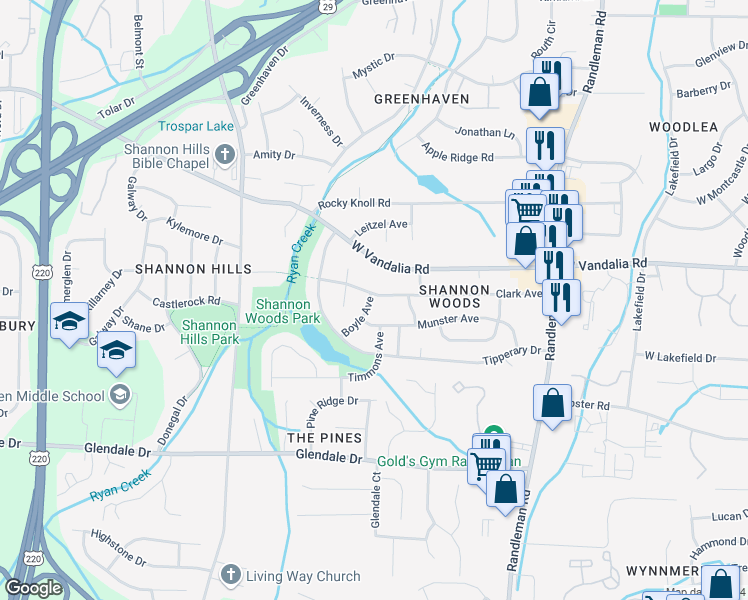 map of restaurants, bars, coffee shops, grocery stores, and more near 3001 Boyle Avenue in Greensboro