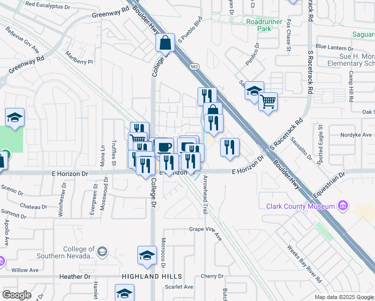 map of restaurants, bars, coffee shops, grocery stores, and more near 771 East Horizon Drive in Henderson