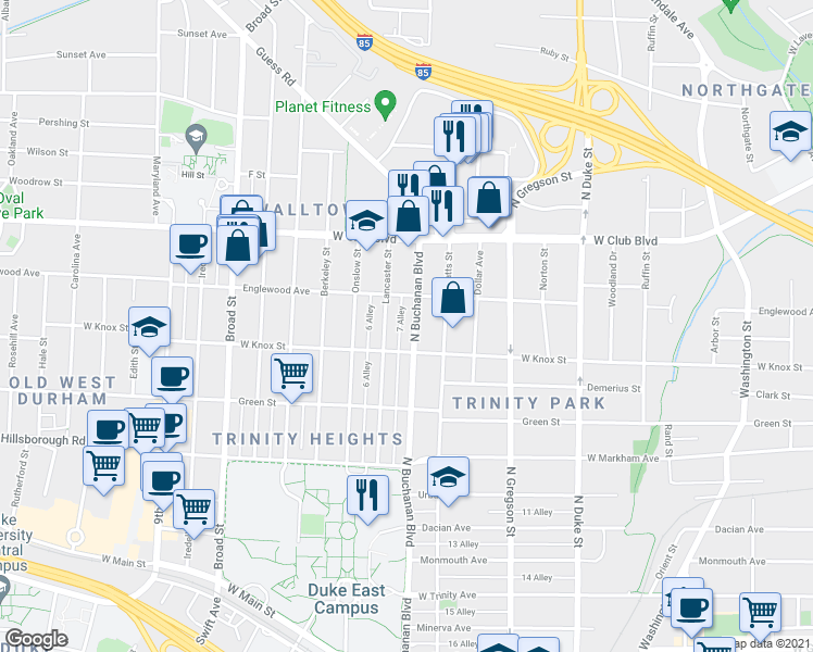 map of restaurants, bars, coffee shops, grocery stores, and more near 1122 West Knox Street in Durham