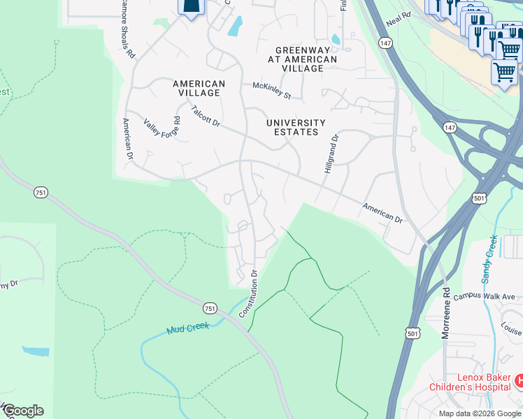 map of restaurants, bars, coffee shops, grocery stores, and more near 1207 White Pine Drive in Durham