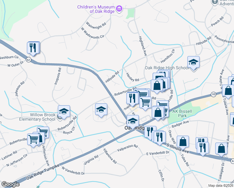 map of restaurants, bars, coffee shops, grocery stores, and more near 154 North Illinois Avenue in Oak Ridge