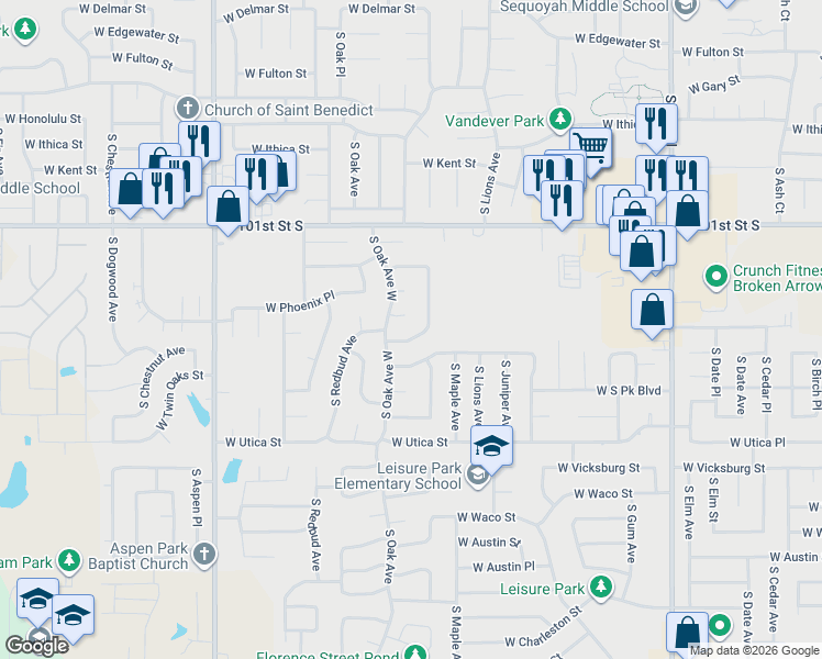 map of restaurants, bars, coffee shops, grocery stores, and more near 1321 West Quantico Place in Broken Arrow