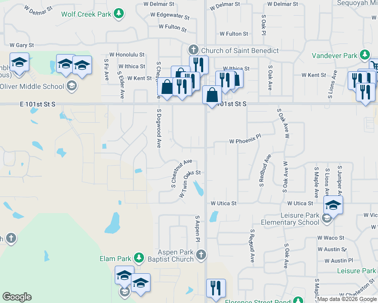map of restaurants, bars, coffee shops, grocery stores, and more near 4013 South Chestnut Avenue in Broken Arrow