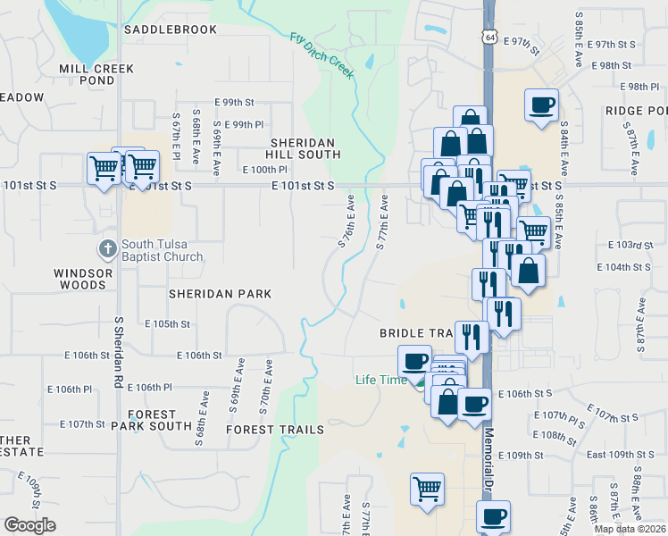 map of restaurants, bars, coffee shops, grocery stores, and more near 10355 South 76th East Avenue in Tulsa