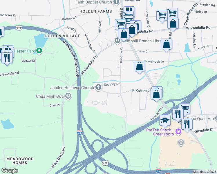 map of restaurants, bars, coffee shops, grocery stores, and more near 3608 McCuiston Road in Greensboro