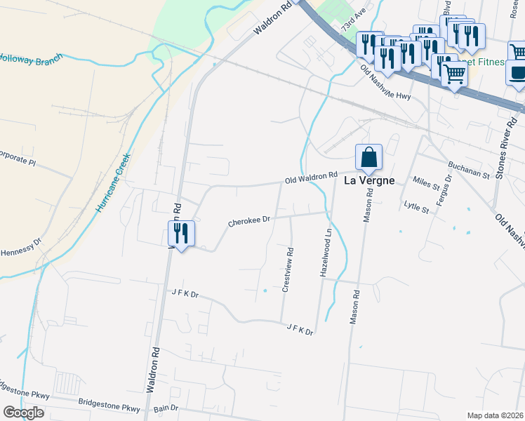 map of restaurants, bars, coffee shops, grocery stores, and more near 157 Cherokee Drive in La Vergne