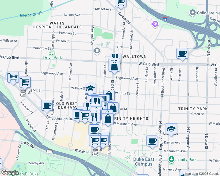 map of restaurants, bars, coffee shops, grocery stores, and more near 1001 Broad Street in Durham