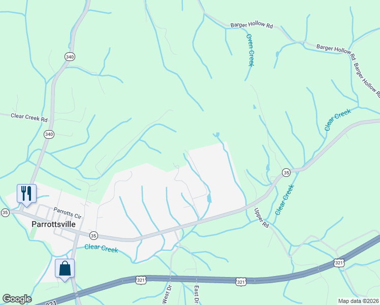 map of restaurants, bars, coffee shops, grocery stores, and more near 1498 Grandeur Avenue in Parrottsville
