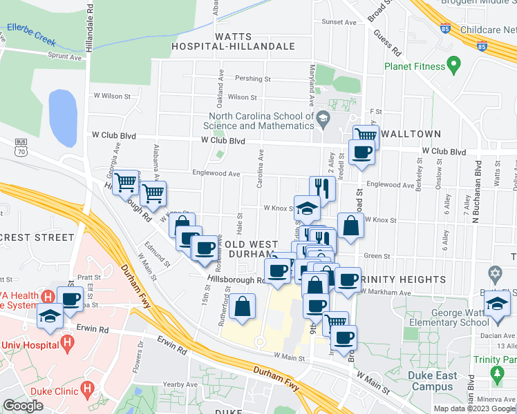map of restaurants, bars, coffee shops, grocery stores, and more near 1001 Carolina Avenue in Durham