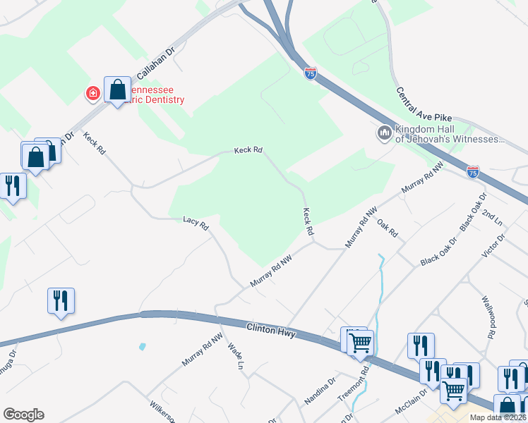 map of restaurants, bars, coffee shops, grocery stores, and more near 6202 Lacy Road in Knoxville