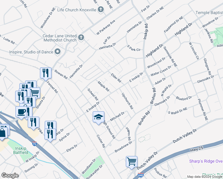 map of restaurants, bars, coffee shops, grocery stores, and more near 709 East Inskip Drive in Knoxville