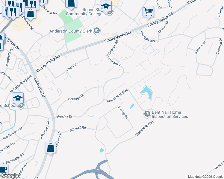 map of restaurants, bars, coffee shops, grocery stores, and more near 113 High Point Lane in Oak Ridge
