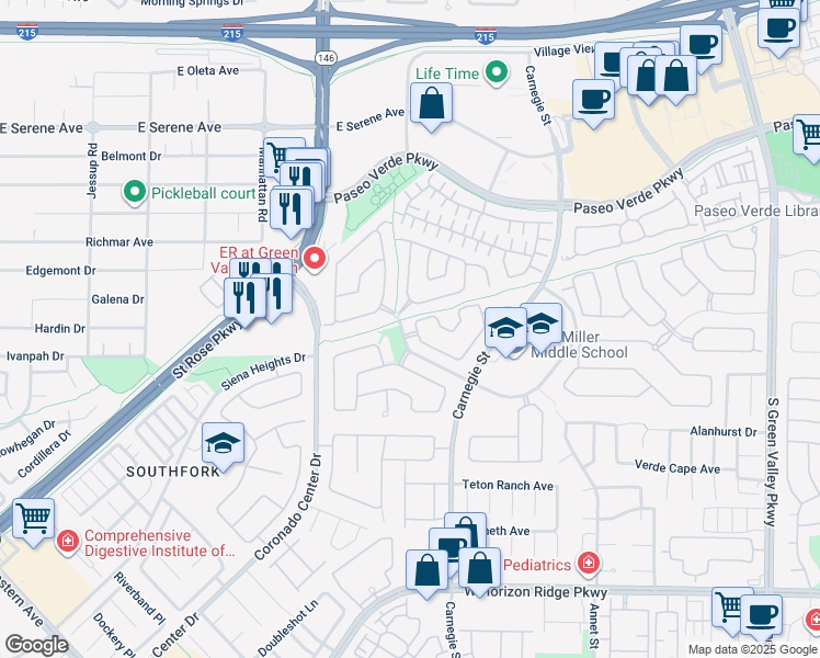 map of restaurants, bars, coffee shops, grocery stores, and more near 2535 Citrus Garden Circle in Henderson