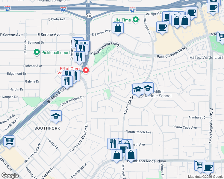 map of restaurants, bars, coffee shops, grocery stores, and more near 2547 Citrus Garden Circle in Henderson