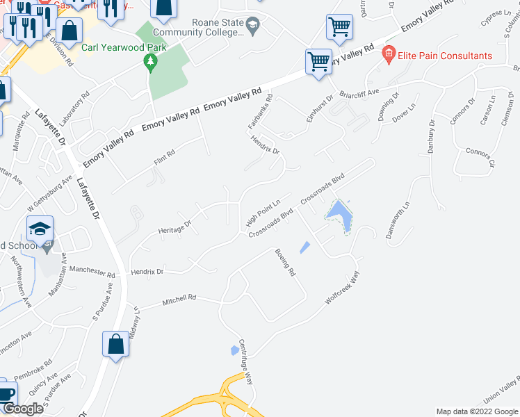 map of restaurants, bars, coffee shops, grocery stores, and more near 115 High Point Lane in Oak Ridge