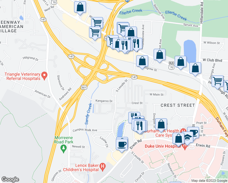 map of restaurants, bars, coffee shops, grocery stores, and more near 145 Blue Crest Lane in Durham