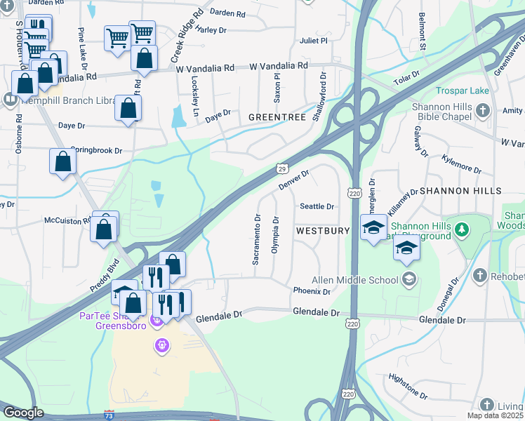 map of restaurants, bars, coffee shops, grocery stores, and more near 4103 Sacramento Drive in Greensboro