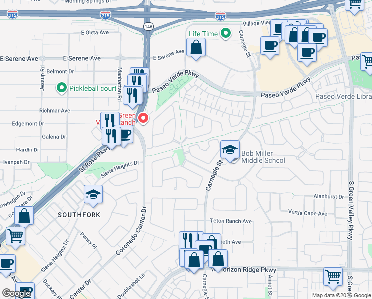 map of restaurants, bars, coffee shops, grocery stores, and more near 2547 Citrus Garden Circle in Henderson