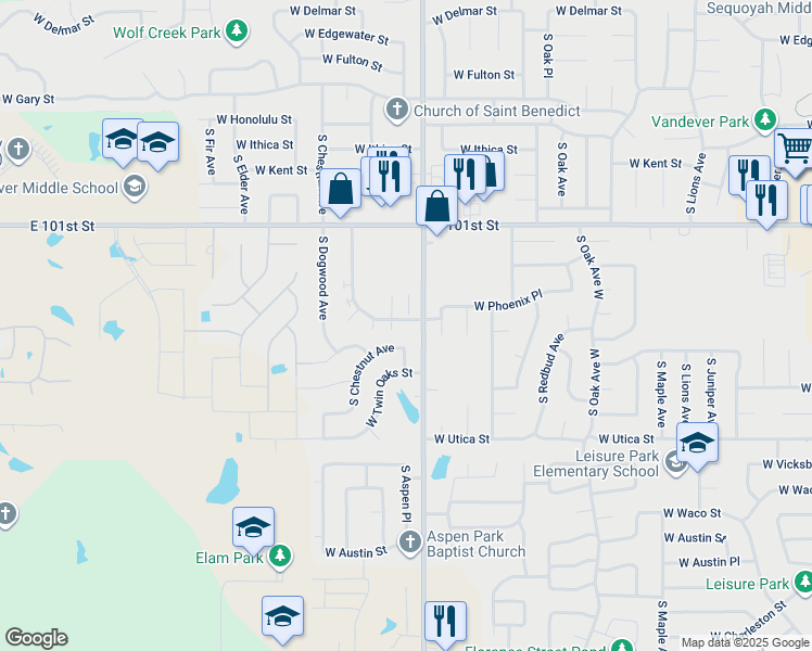 map of restaurants, bars, coffee shops, grocery stores, and more near 2215 West Quantico Street in Broken Arrow