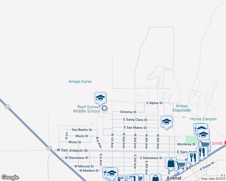 map of restaurants, bars, coffee shops, grocery stores, and more near 101 Amador Street in Avenal