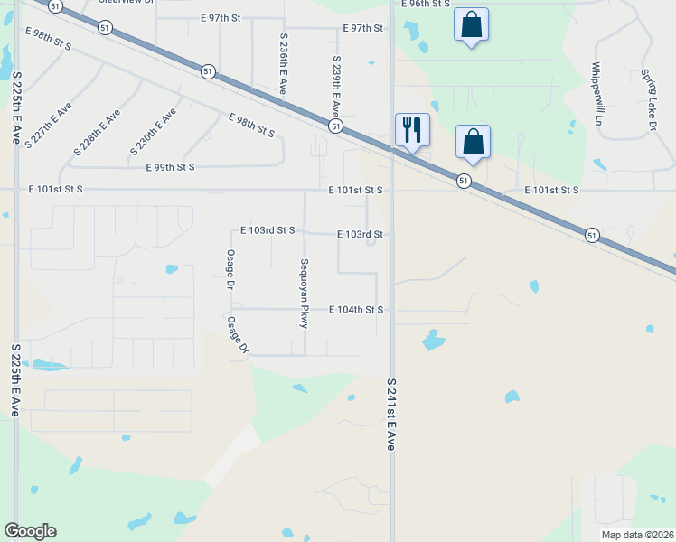 map of restaurants, bars, coffee shops, grocery stores, and more near 11409 South 238th East Avenue in Broken Arrow