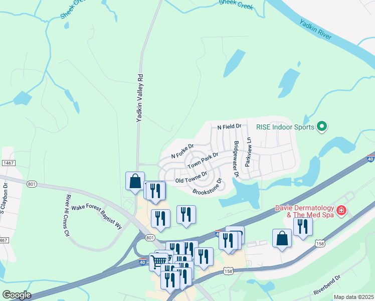 map of restaurants, bars, coffee shops, grocery stores, and more near 184 North Forke Drive in Advance