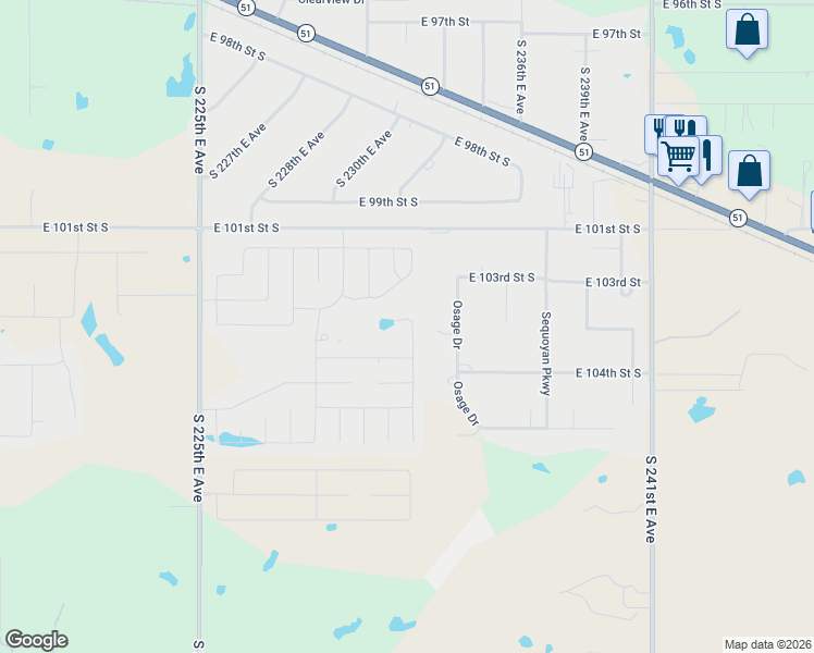 map of restaurants, bars, coffee shops, grocery stores, and more near 10309 South 233rd East Place in Broken Arrow