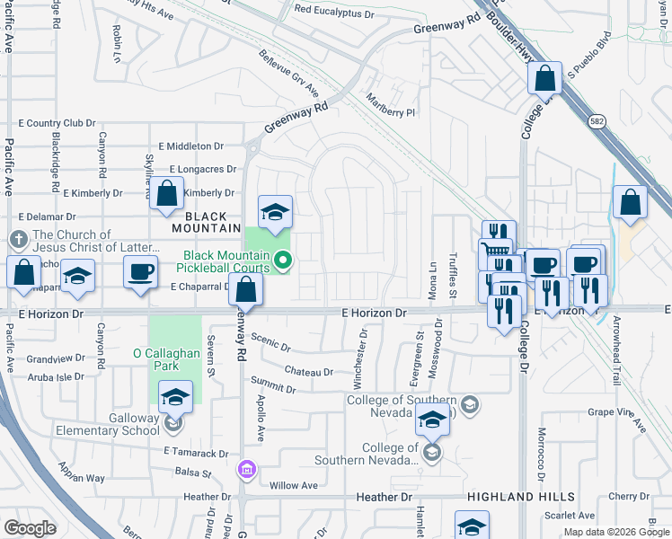 map of restaurants, bars, coffee shops, grocery stores, and more near 421-423 E Horizon Dr in Henderson