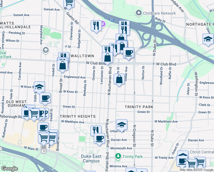 map of restaurants, bars, coffee shops, grocery stores, and more near 1122 West Knox Street in Durham
