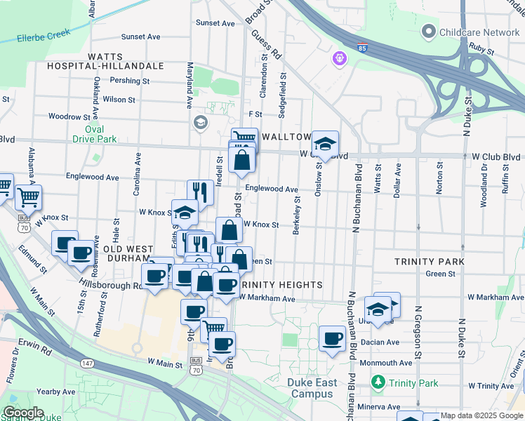 map of restaurants, bars, coffee shops, grocery stores, and more near 1615 West Knox Street in Durham
