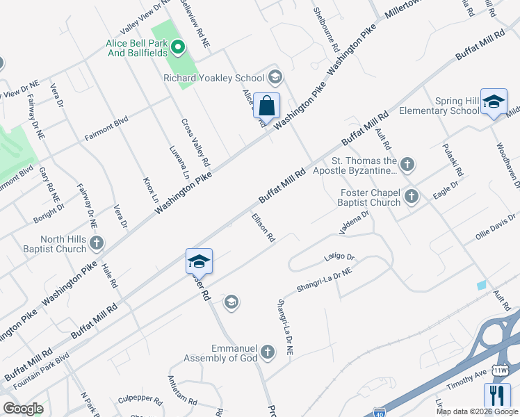map of restaurants, bars, coffee shops, grocery stores, and more near 2713 Ellison Road in Knoxville