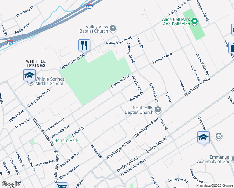 map of restaurants, bars, coffee shops, grocery stores, and more near 3203 Easterland Street in Knoxville