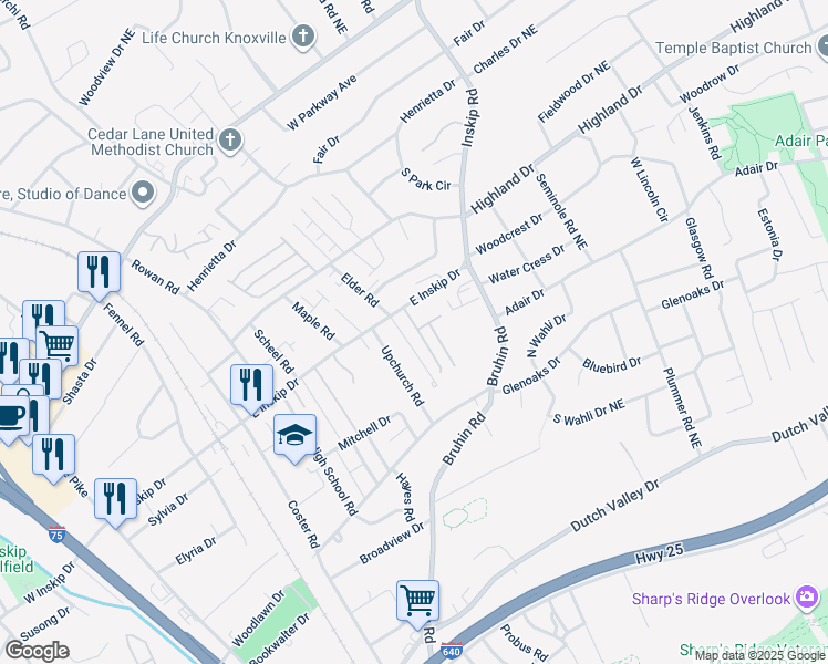 map of restaurants, bars, coffee shops, grocery stores, and more near 806 East Inskip Drive in Knoxville