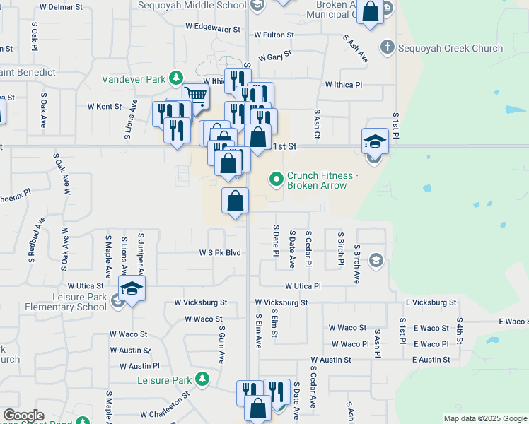 map of restaurants, bars, coffee shops, grocery stores, and more near 504 West Roanoke Street in Broken Arrow