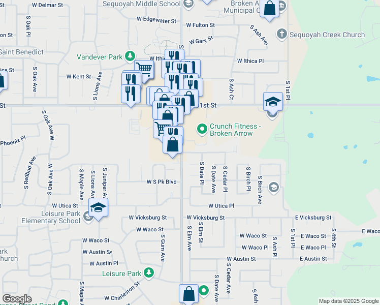 map of restaurants, bars, coffee shops, grocery stores, and more near 504 West Roanoke Street in Broken Arrow