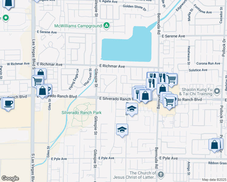 map of restaurants, bars, coffee shops, grocery stores, and more near 240 East Silverado Ranch Boulevard in Las Vegas