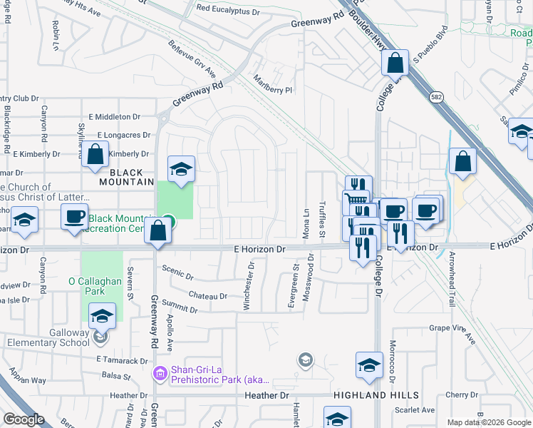 map of restaurants, bars, coffee shops, grocery stores, and more near 425-499 East Horizon Drive in Henderson