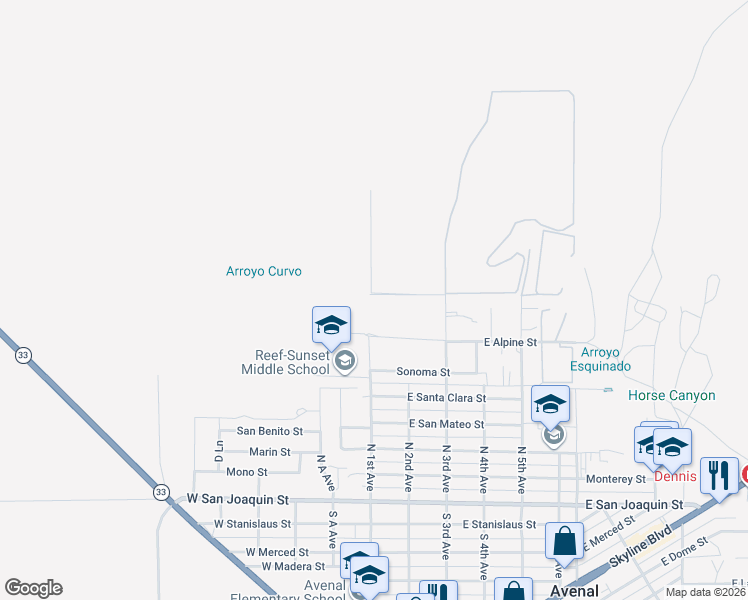 map of restaurants, bars, coffee shops, grocery stores, and more near 101 Amador Street in Avenal