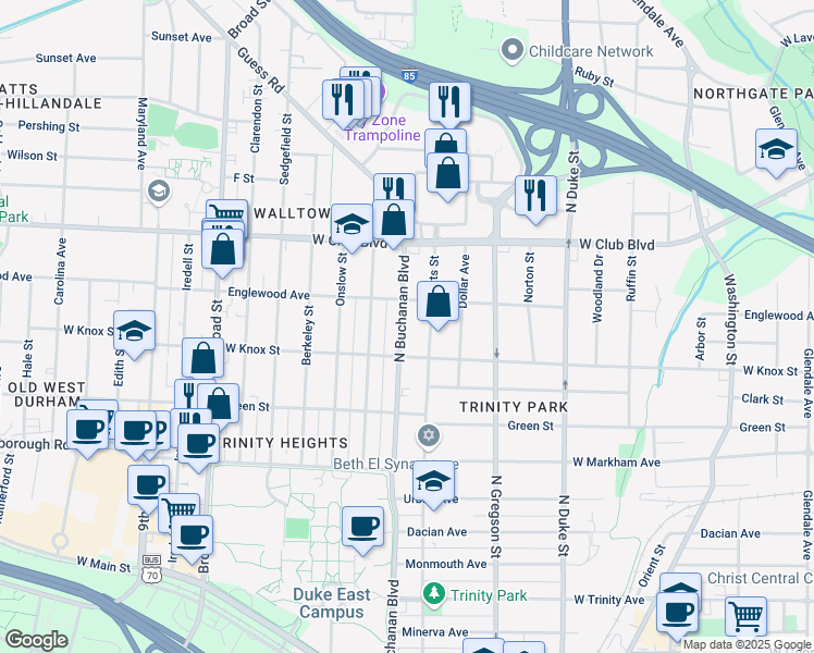 map of restaurants, bars, coffee shops, grocery stores, and more near 1012 North Buchanan Boulevard in Durham