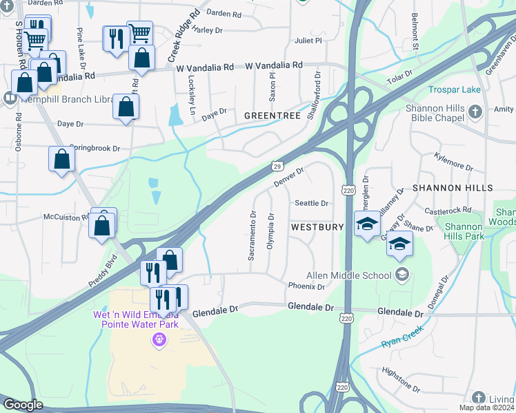 map of restaurants, bars, coffee shops, grocery stores, and more near 4103 Sacramento Drive in Greensboro