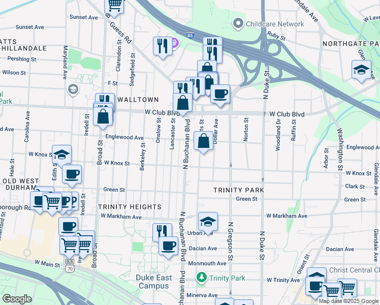 map of restaurants, bars, coffee shops, grocery stores, and more near 1012 North Buchanan Boulevard in Durham